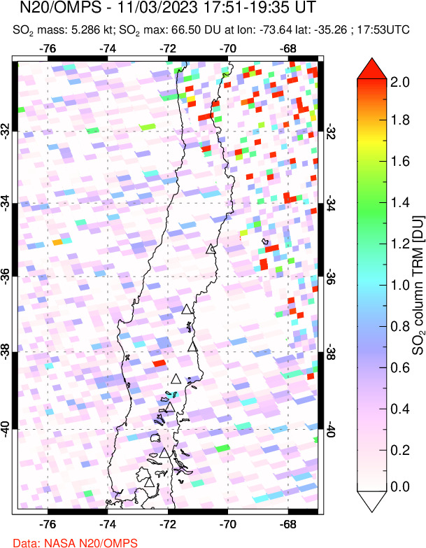 A sulfur dioxide image over Central Chile on Nov 03, 2023.