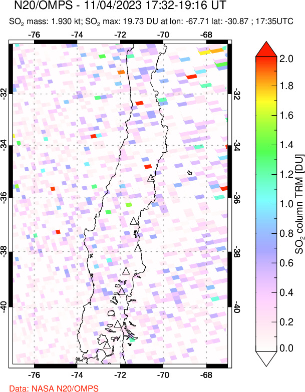 A sulfur dioxide image over Central Chile on Nov 04, 2023.