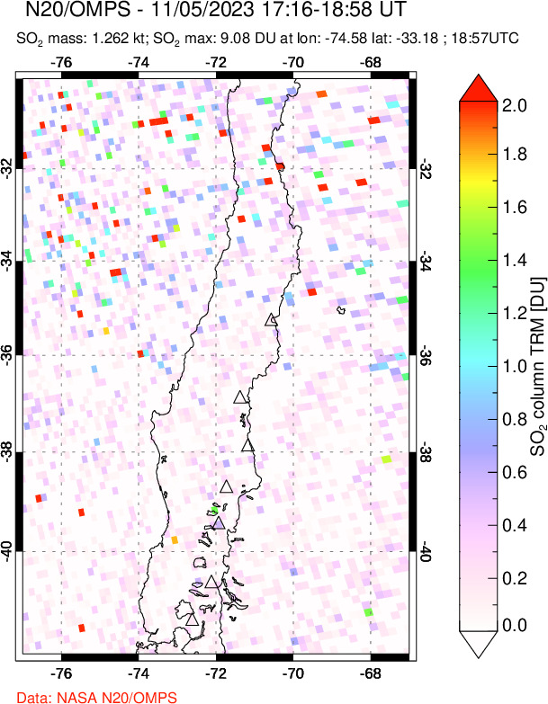 A sulfur dioxide image over Central Chile on Nov 05, 2023.