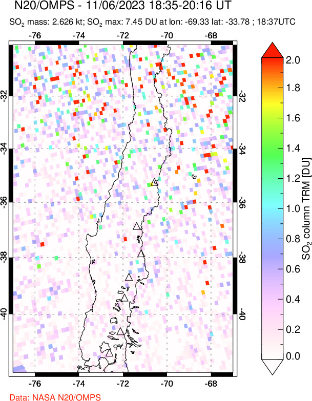 A sulfur dioxide image over Central Chile on Nov 06, 2023.