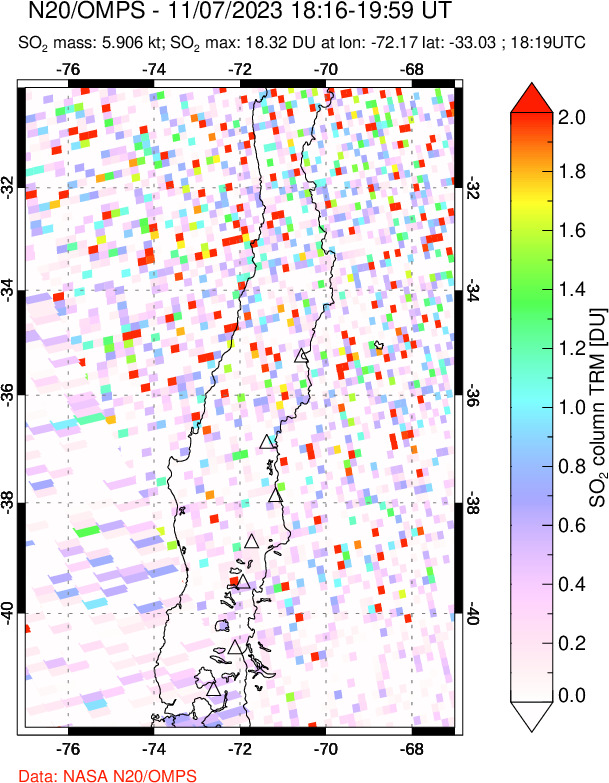 A sulfur dioxide image over Central Chile on Nov 07, 2023.