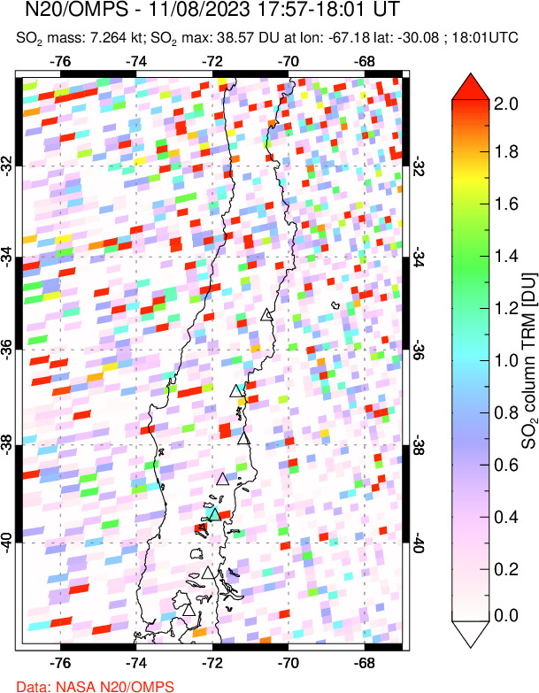 A sulfur dioxide image over Central Chile on Nov 08, 2023.