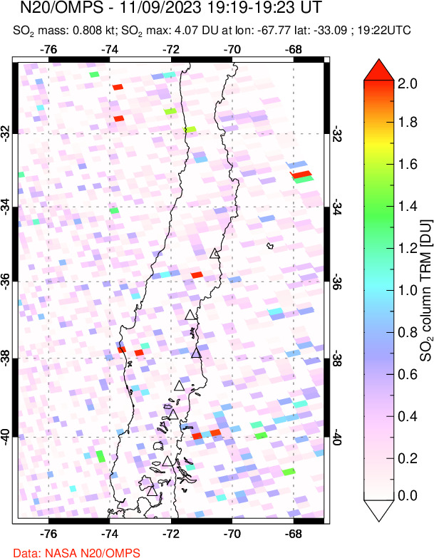 A sulfur dioxide image over Central Chile on Nov 09, 2023.