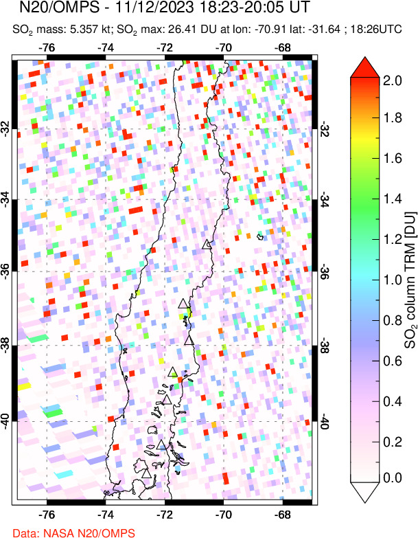 A sulfur dioxide image over Central Chile on Nov 12, 2023.