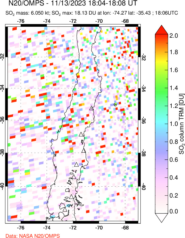 A sulfur dioxide image over Central Chile on Nov 13, 2023.