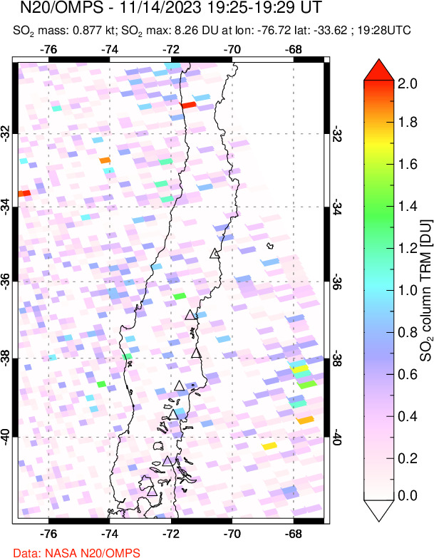 A sulfur dioxide image over Central Chile on Nov 14, 2023.