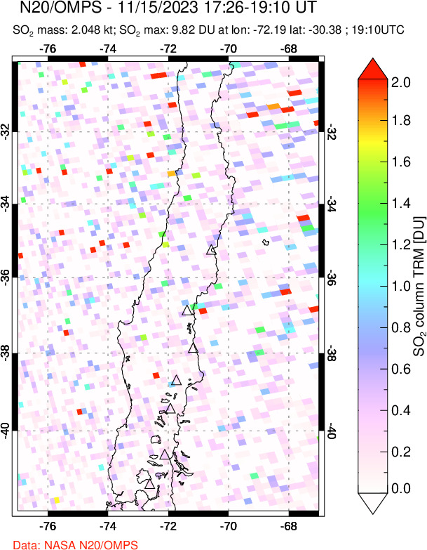 A sulfur dioxide image over Central Chile on Nov 15, 2023.