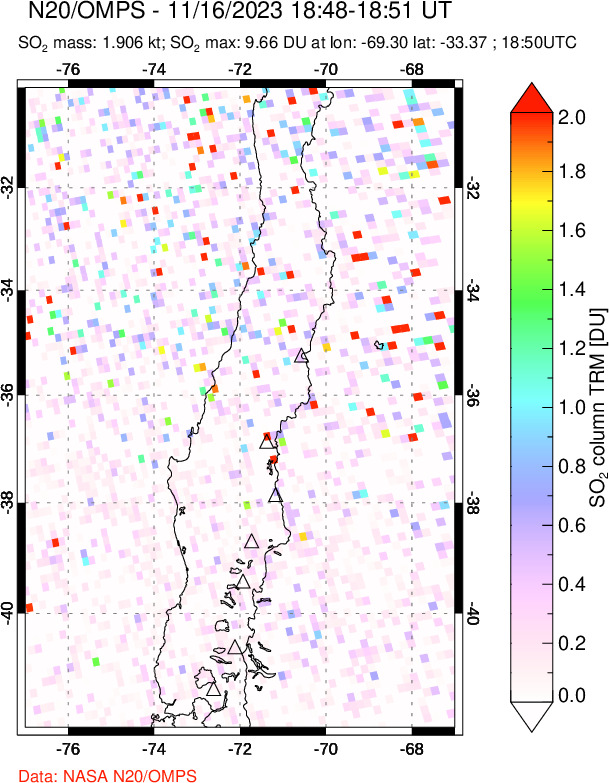 A sulfur dioxide image over Central Chile on Nov 16, 2023.