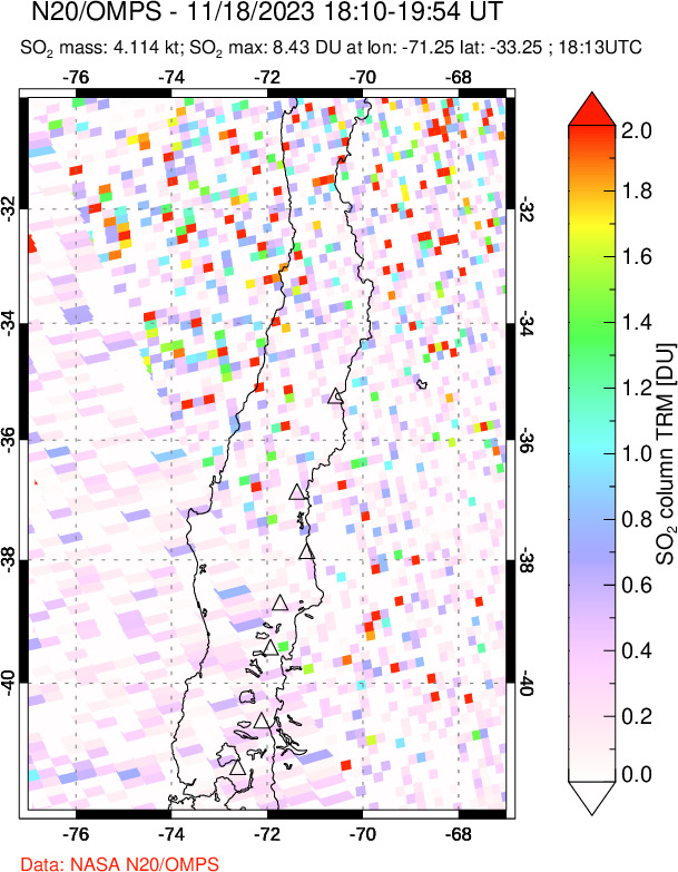 A sulfur dioxide image over Central Chile on Nov 18, 2023.