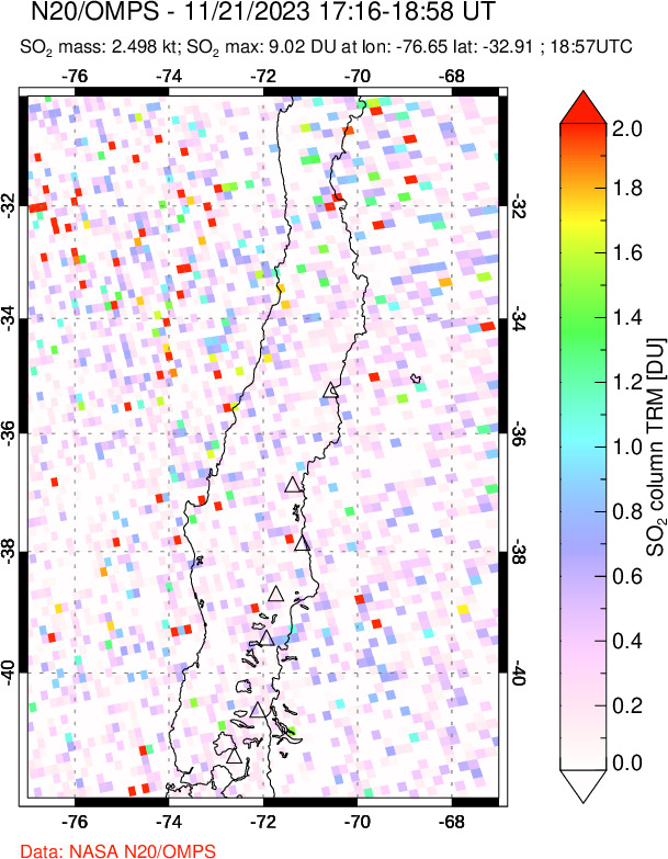 A sulfur dioxide image over Central Chile on Nov 21, 2023.