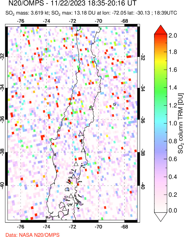 A sulfur dioxide image over Central Chile on Nov 22, 2023.