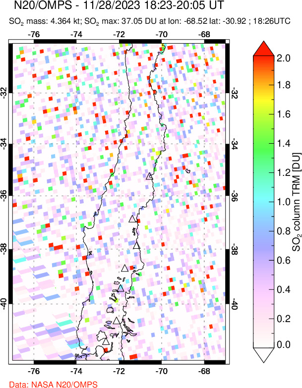 A sulfur dioxide image over Central Chile on Nov 28, 2023.