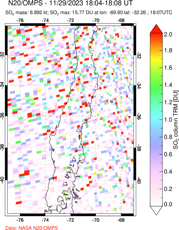 A sulfur dioxide image over Central Chile on Nov 29, 2023.