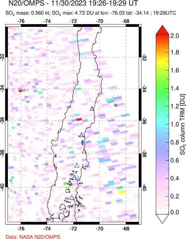 A sulfur dioxide image over Central Chile on Nov 30, 2023.