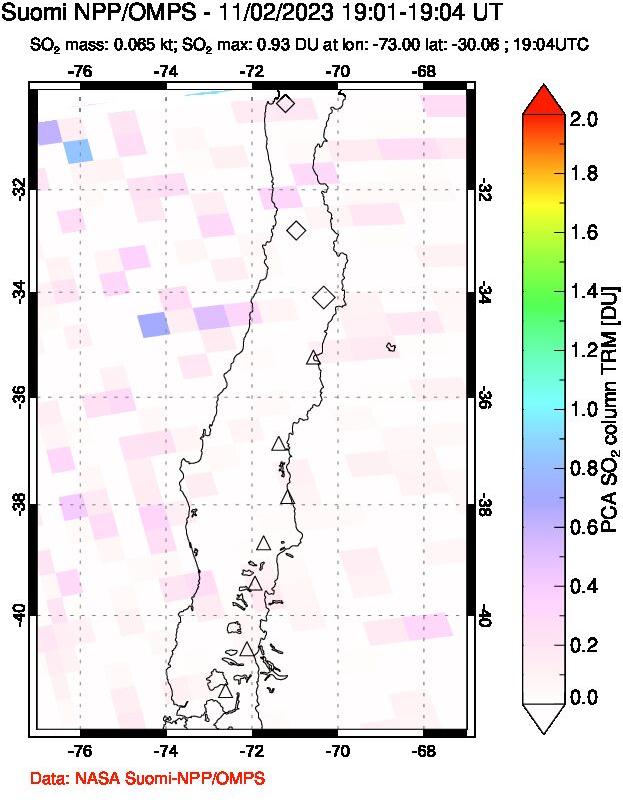 A sulfur dioxide image over Central Chile on Nov 02, 2023.