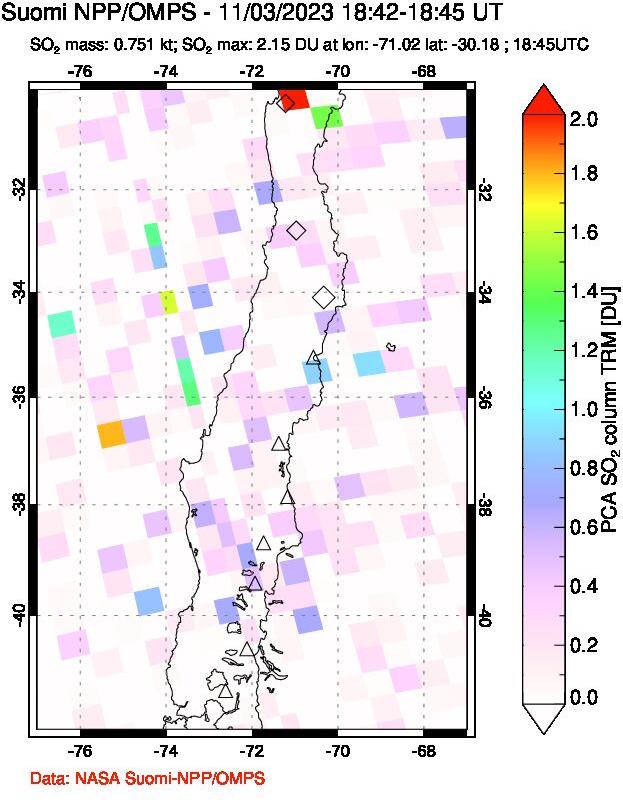 A sulfur dioxide image over Central Chile on Nov 03, 2023.