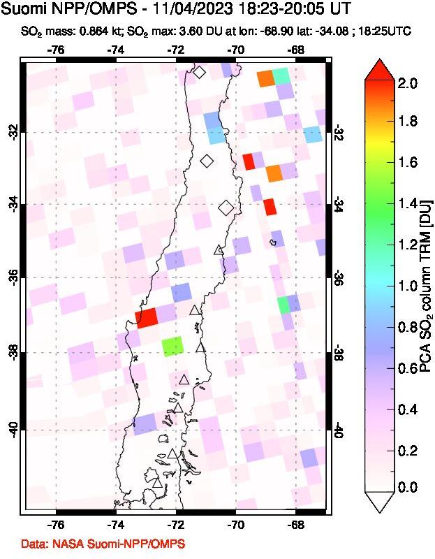 A sulfur dioxide image over Central Chile on Nov 04, 2023.