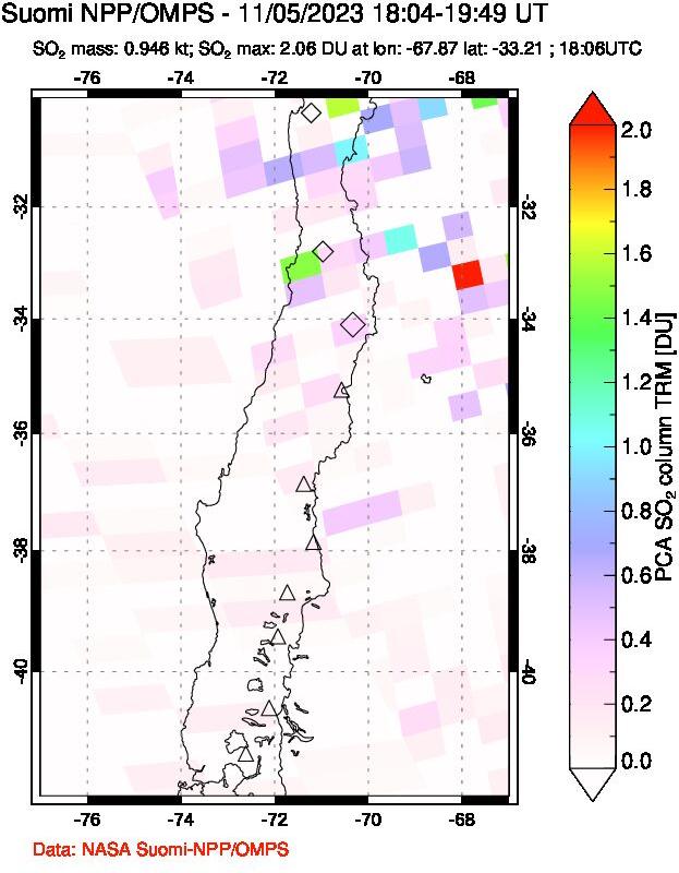 A sulfur dioxide image over Central Chile on Nov 05, 2023.