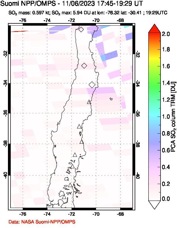 A sulfur dioxide image over Central Chile on Nov 06, 2023.