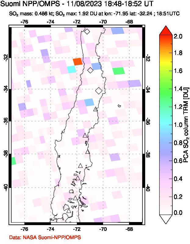 A sulfur dioxide image over Central Chile on Nov 08, 2023.