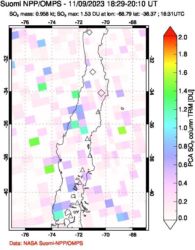 A sulfur dioxide image over Central Chile on Nov 09, 2023.