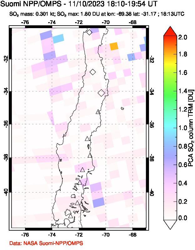 A sulfur dioxide image over Central Chile on Nov 10, 2023.