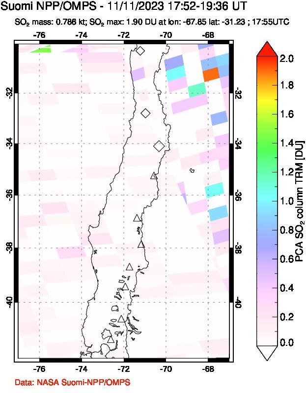 A sulfur dioxide image over Central Chile on Nov 11, 2023.