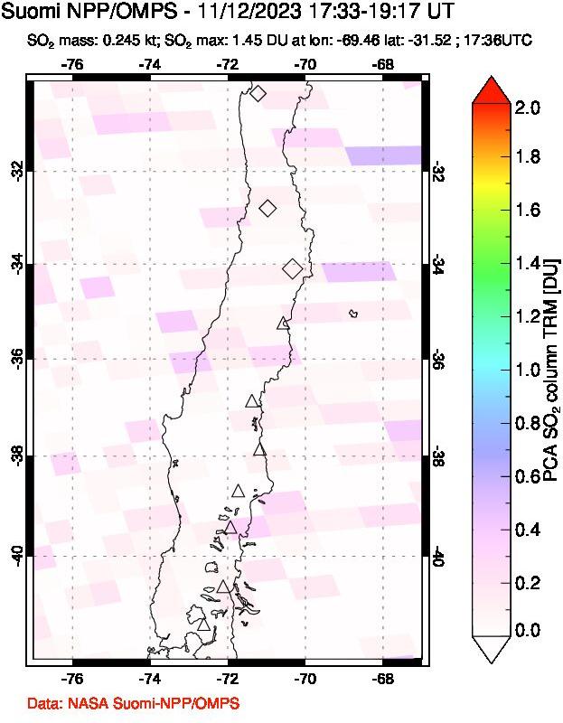 A sulfur dioxide image over Central Chile on Nov 12, 2023.