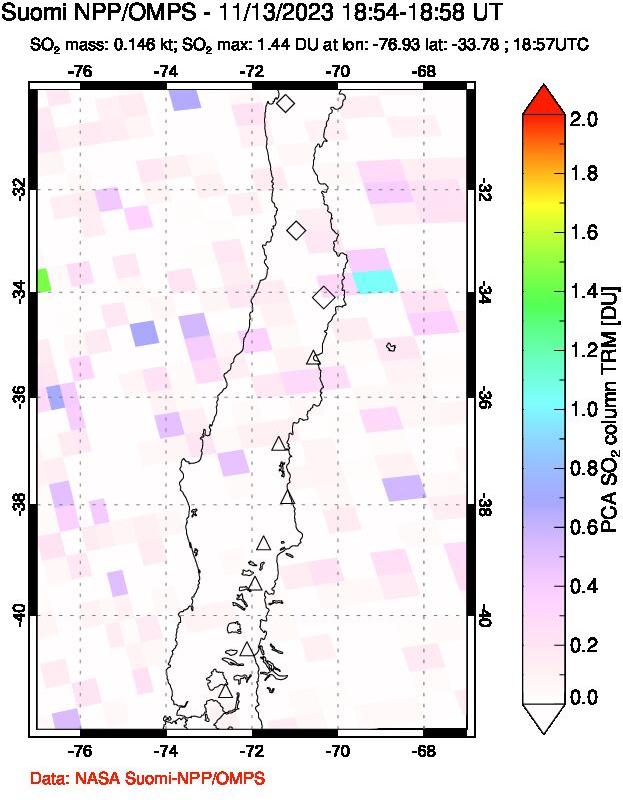 A sulfur dioxide image over Central Chile on Nov 13, 2023.