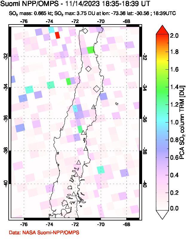 A sulfur dioxide image over Central Chile on Nov 14, 2023.