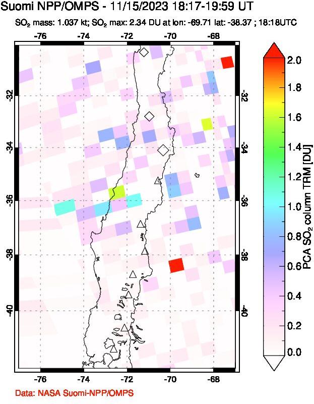 A sulfur dioxide image over Central Chile on Nov 15, 2023.