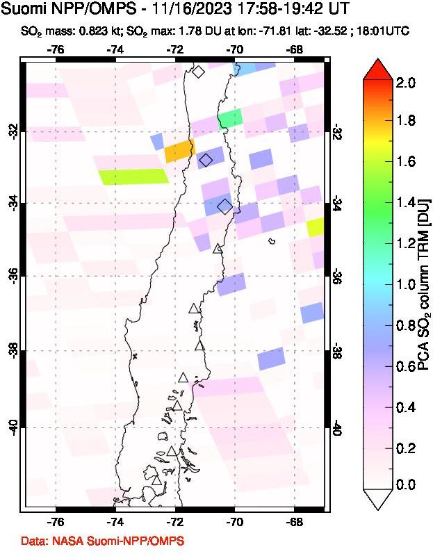 A sulfur dioxide image over Central Chile on Nov 16, 2023.