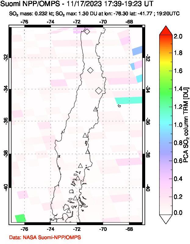 A sulfur dioxide image over Central Chile on Nov 17, 2023.