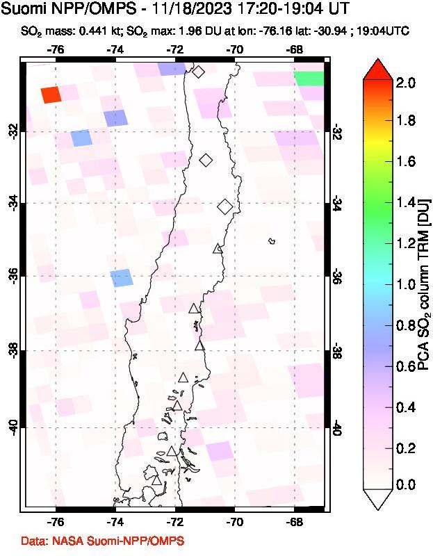 A sulfur dioxide image over Central Chile on Nov 18, 2023.