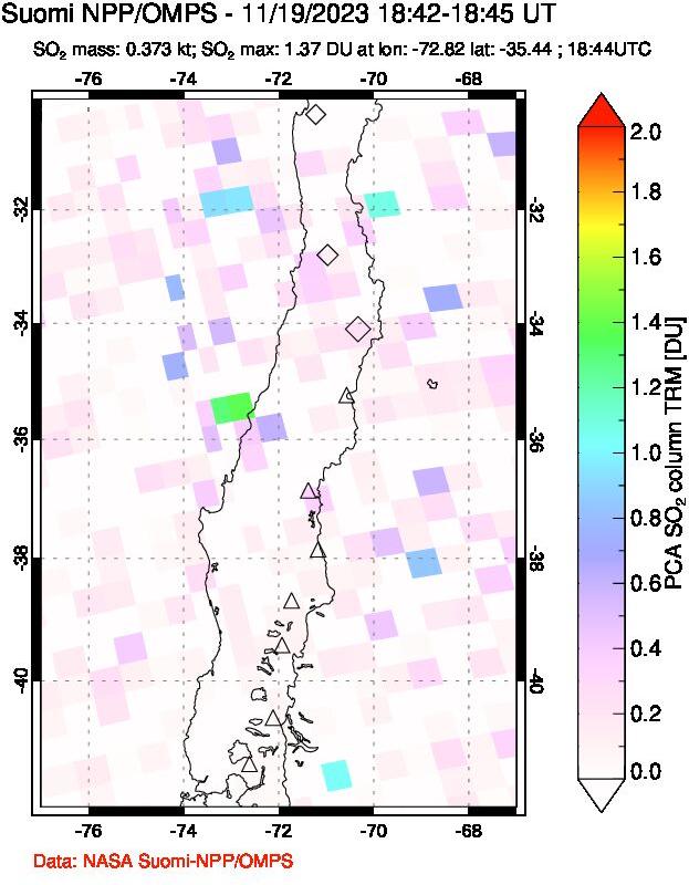 A sulfur dioxide image over Central Chile on Nov 19, 2023.