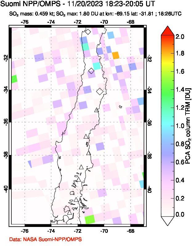 A sulfur dioxide image over Central Chile on Nov 20, 2023.