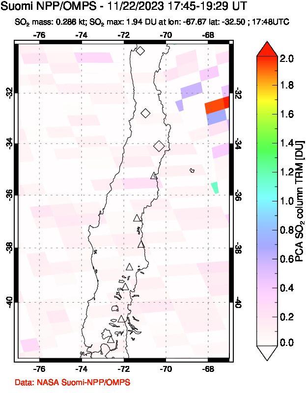 A sulfur dioxide image over Central Chile on Nov 22, 2023.