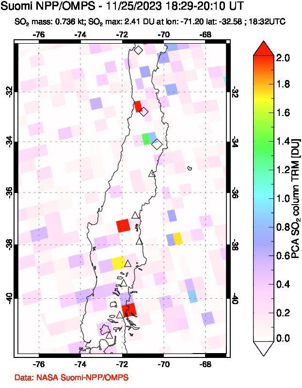 A sulfur dioxide image over Central Chile on Nov 25, 2023.