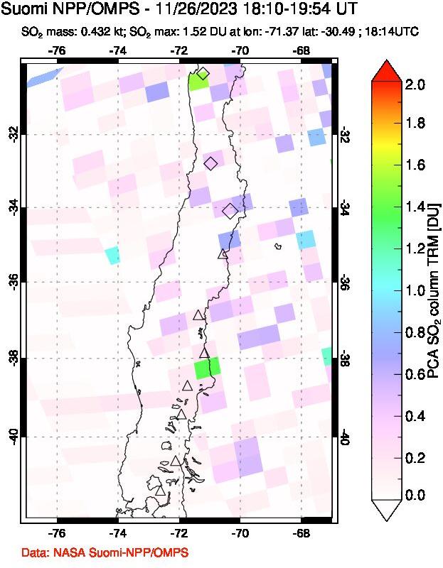 A sulfur dioxide image over Central Chile on Nov 26, 2023.