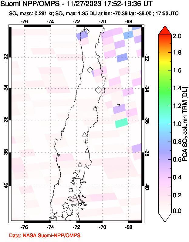 A sulfur dioxide image over Central Chile on Nov 27, 2023.