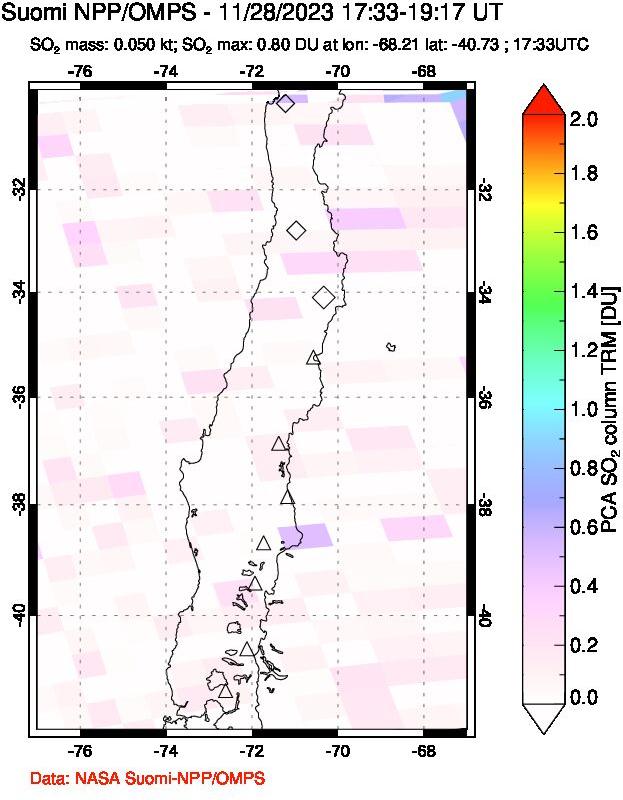 A sulfur dioxide image over Central Chile on Nov 28, 2023.