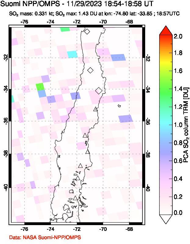 A sulfur dioxide image over Central Chile on Nov 29, 2023.