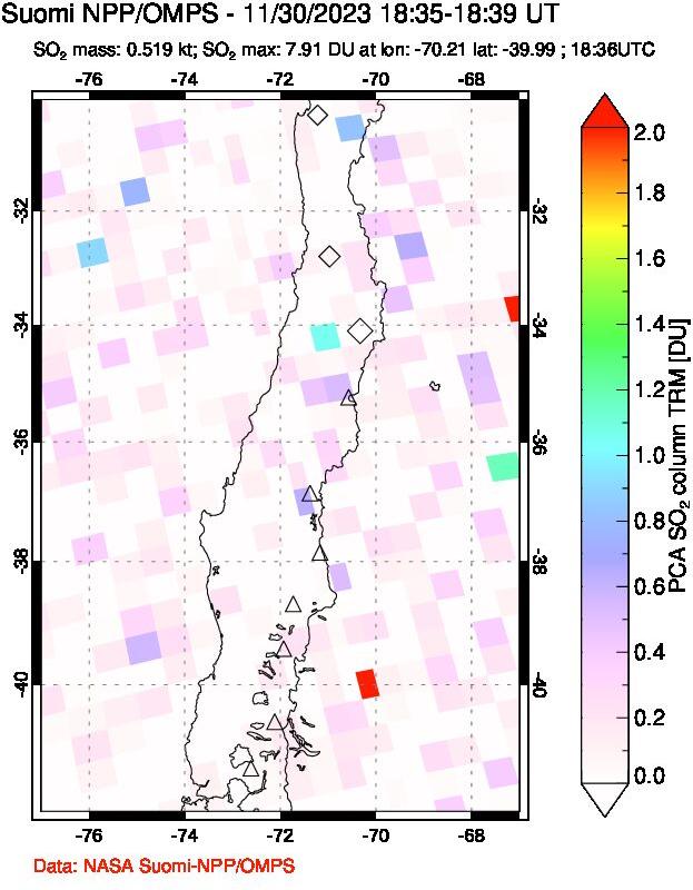 A sulfur dioxide image over Central Chile on Nov 30, 2023.