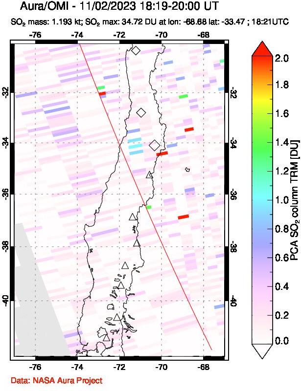 A sulfur dioxide image over Central Chile on Nov 02, 2023.