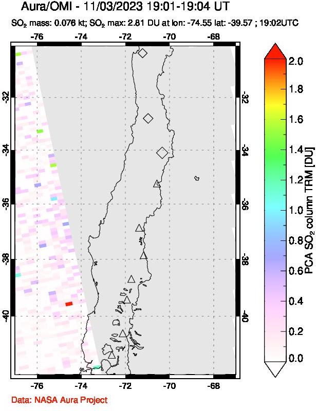 A sulfur dioxide image over Central Chile on Nov 03, 2023.