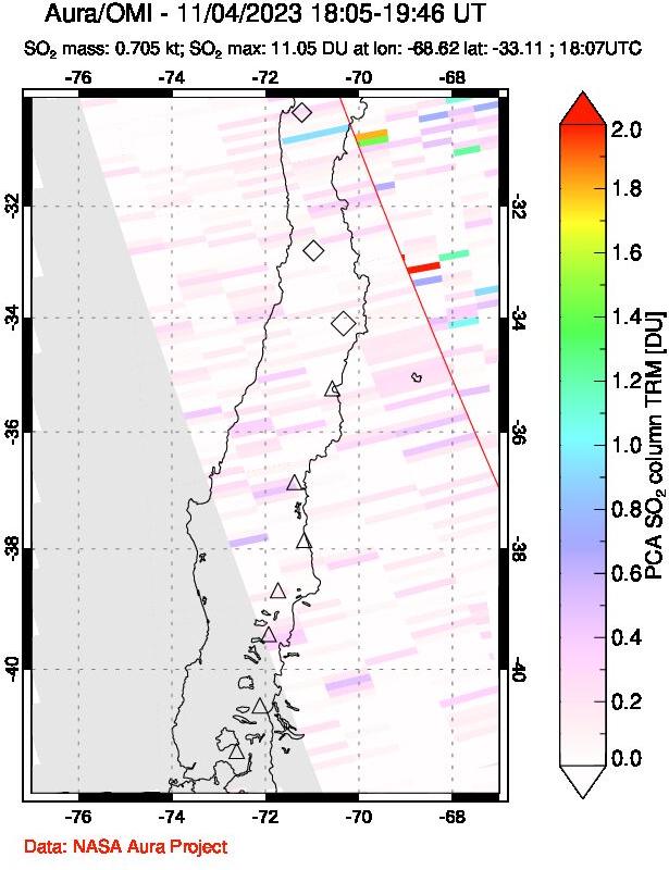 A sulfur dioxide image over Central Chile on Nov 04, 2023.