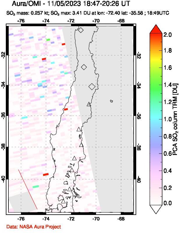 A sulfur dioxide image over Central Chile on Nov 05, 2023.