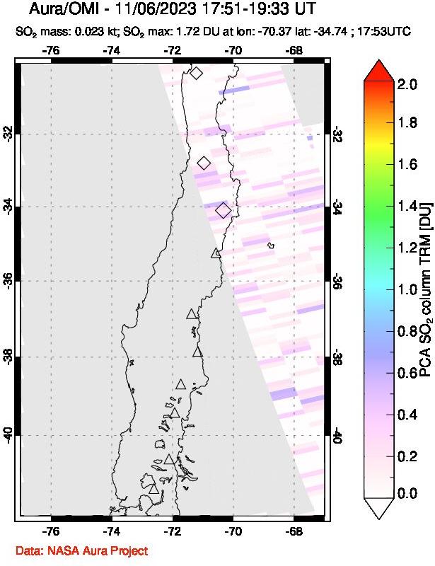 A sulfur dioxide image over Central Chile on Nov 06, 2023.