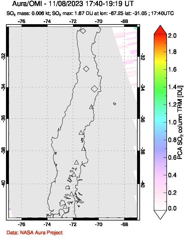 A sulfur dioxide image over Central Chile on Nov 08, 2023.