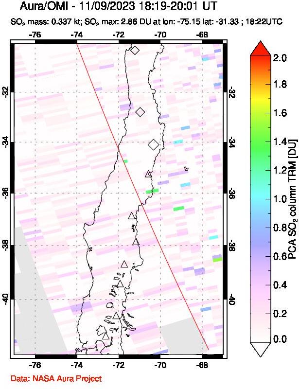 A sulfur dioxide image over Central Chile on Nov 09, 2023.